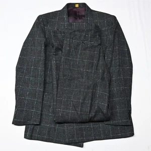 Vtg 90s Webster 42R 30x32 Windowpane Check Tweed Wool Double Breasted Pants Suit - Picture 1 of 12