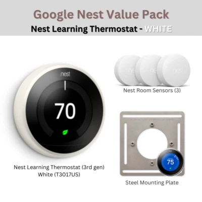 WHITE Pack: Nest Learning Thermostat 3rd gen + 3x Room Sensors + Mounting Plate - Image 1 of 4