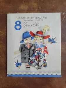 "Happy Birthday 8 Years Old" Cloth Dress Up-Blue Bird Vintage 1940's Gibson Card - Picture 1 of 3