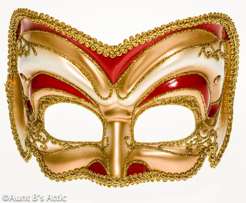Mardi Gras Mask Decorative Gold & Red 1/2 Face Mask On A Headband - Image 1 of 1