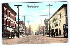 92nd Street east from Commercial Ave South Chicago Railway Trolley Postcard D262 - Picture 1 of 2