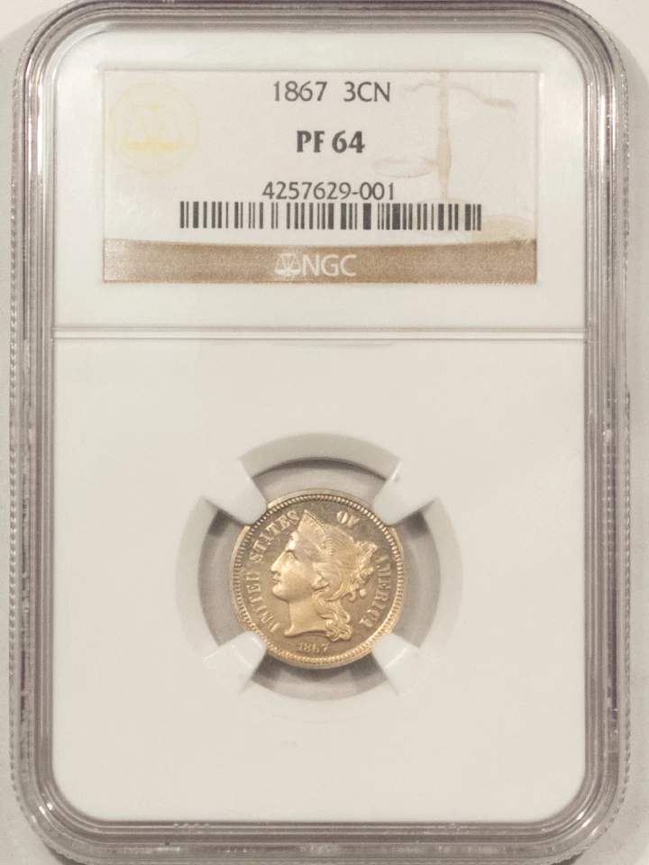 1867 PROOF THREE CENT NICKEL - NGC PF-64, PREMIUM QUALITY! - Image 1 of 3
