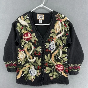 Suéter con botones vintage de Navidad vintage de reliquias coleccionables para mujer S negro - Imagen 1 de 13