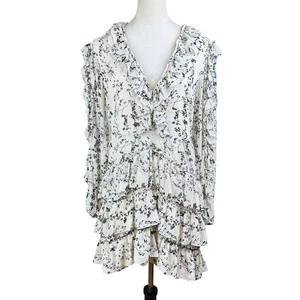 Bardot 8 White Black Ruched Layered Ruffle Long Sleeve V-Neck Floral Dress - Picture 1 of 11