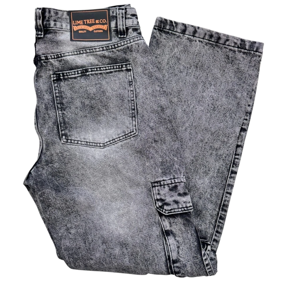 LIME TREE Unisex Baggy Acid Wash Cargo Jeans – Loose Fit Streetwear Pants 32-42 - Image 1 of 4
