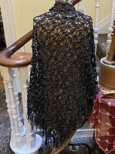 GORGEOUS VINTAGE BLACK CROCHET + METALIC THREAD SHAWL HAND MADE BESPOKE - Picture 1 of 4