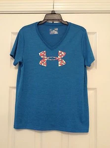 Girls YLG Under Armour Heat Gear Loose Fit Athletic Shirt Blue W/Orange - Picture 1 of 9