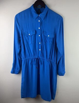 Lauren Ralph Lauren shirt Dress Button Front Sz 14P Blue Long Sleeve Tie Waist - Image 1 of 4