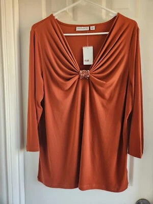 Susan Graver Glitzy Liquid Knit Beaded Embellish Blouse Size L NWT 3/4 Sleeve - Image 1 of 4