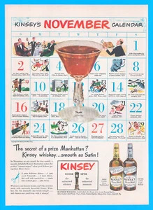 1947 KINSEY Whiskey Rezept Cocktail DRUCK ANZEIGE November Kalender Manhattan Getränk - Bild 1 von 1