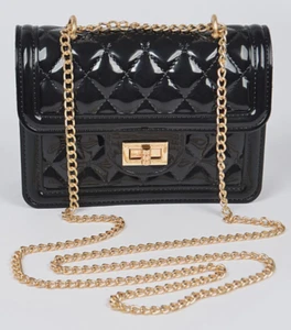 Kleine schwarze glänzende Jelly Geometrische Gold Kette Handtasche Schultertasche - Bild 1 von 7