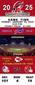 KANSAS CITY CHIEFS VS BUFFALO BILLS AFC 2025 PLAYOFFS (2) COMMEMORATIVE GAME TIX - Picture 1 of 2