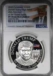 2020 Cameroon 1oz Colorized Silver S1000F Donald Trump NGC PF70 ULTRA CAMEO - Picture 1 of 2