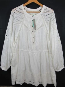 NEW Anthropologie Eyelet Mini Dress Plus Size 3X Ivory Crochet Boho Pockets - Picture 1 of 9