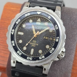 Mens Seiko 5H23 6370 Quartz Sports 150 Chronograph Watch Silver Tone Black Dial - Picture 1 of 12