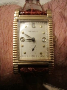 VINTAGE BENRUS TANK WATCH DIAMONDS - 10K GOLD FILLED - ART DECO DESIGN - OFC-7 - Picture 1 of 5