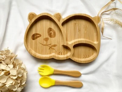 Bambus Babyteller; Kindergeschirr mit Saugnapf, Besteck: Panda Gelb - Bild 1 von 3
