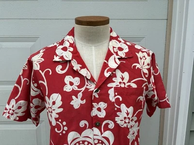 Camisa havaiana real vintage década de 1960 vermelha branca tropical manga curta M/L C 44 - Imagem 1 de 4