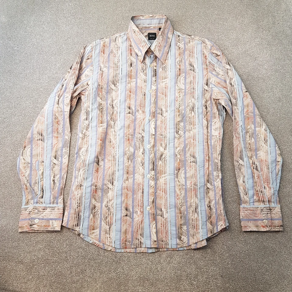 Hugo Boss Mens Shirt Large Blue Beige Stripe Patten Body Line Button Up - Image 1 of 4