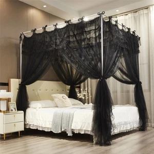 Bed Canopy Curtain Double Layer 4 Corners Post Lace Up Ruffle Princess Drape ... - Picture 1 of 7