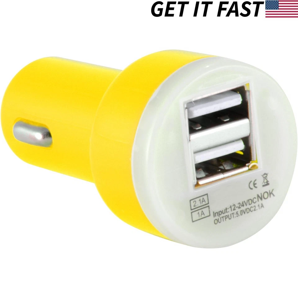 Зарядное устройство автомобильное двойное USB 2 порта адаптер постоянного тока для Samsung Motorola Android, желтое - Изображение 1 из 1