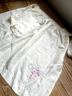 Antique Wedding Trousseau Silk Hand Embroidered Apron w/ lace Pocket small  - Image 1 of 4