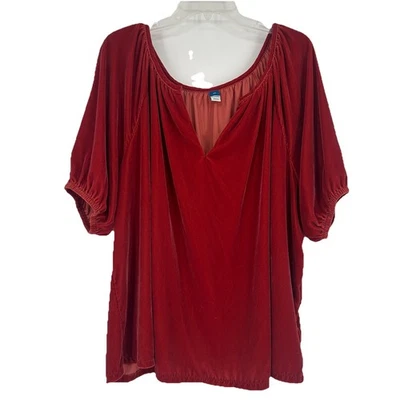 Old Navy Velvet Top Blouse Red Short Balloon Sleeves Peasant Split Neck Size 2X - Image 1 of 4