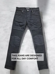 Pantalones de mezclilla negros de motociclista Georgio Peviani para hombre - rodillas acanaladas, ajuste elástico, elegantes  - Imagen 1 de 4