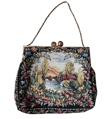 Vintage Small Tapestry Evening Bag Floral Scenic Design Victorian Romance France - Image 1 of 4