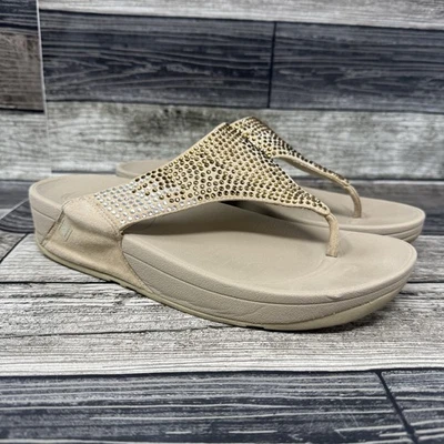 FitFlop Gold Rhinestone Wedge 8 Sandals Flip Flops Comfort Slip On - Image 1 of 4