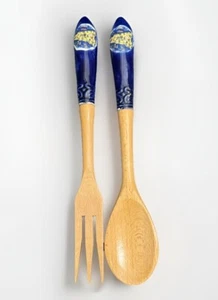 Sicily Italy Map Porcelain Wood Salad Food Serving Spoon & Fork Set Blue - Picture 1 of 4