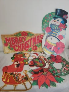 8 VINTAGE Christmas Diecuts Santa Mrs Claus Wreath Snowman Stocking Sleigh - Picture 1 of 9