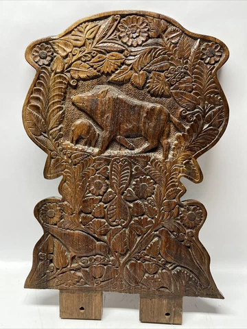Vintage Austrian Hand Carved Wooden Chair Back Wild Boar Hunting Seat Back 22x15 Cover