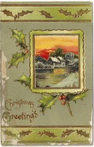 Christmas Greetings Holly and Country Scene Antique Postcard - Picture 1 of 2
