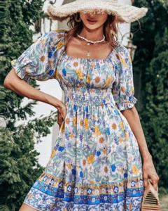 FINAL SALE - Floral Square Neck Smocked Ruffle Hem Dress - Picture 1 of 2