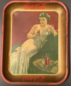 Vintage 1936 Coca Cola COKE Tin Litho Ad Serving Tray Hostess Girl Blue Dress - Picture 1 of 10