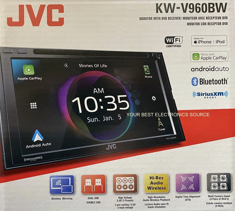 NEW JVC KW-V960BW, 2-DIN Car Audio Receiver, DVD, Apple CarPlay & Android Auto - Image 1 of 1