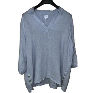 Pure Linen 1X TUNIC Top Baby Blue Shell Button Side Vents Airy Sigrid Olsen - Picture 1 of 8