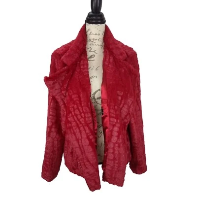Adrienne Landau Red Faux Fur Asymetrical zipper Jacket Measures Large FLAW READ - Image 1 of 4