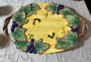 Early Rare Fitz & Floyd Large Oval Platter Handled Yellow Purple Grapes Vine - Picture 1 of 12