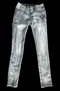 Silver Diva Jeans Womens 5 Blue Juniors Mid Rise Stretch Bejeweled Rhinestone - Picture 1 of 13