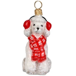 Joy to the World White Poodle in Bushy Scarf and Ear Muffs Polish Glass Ornament - Picture 1 of 5