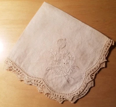 Antique Ecru Linen Wedding Handkerchief/Embroidered Bouquet/Ecru Crochet Lace - Image 1 of 4