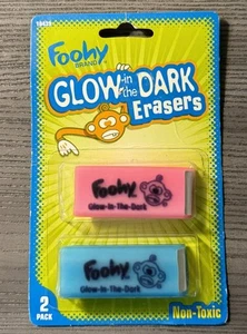 NEW Foohy Erasers Glow In The Dark 2 Pack Neon Pink Neon Blue 2004 Vintage - Picture 1 of 4