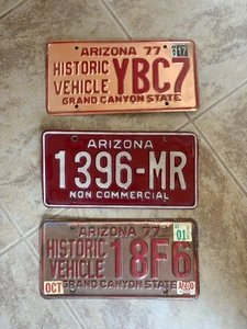 3 - Vintage License Plates. 2- Arizona Historic Vehicle & 1980's Aluminum one - Picture 1 of 6