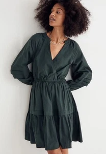 Madewell Crinkle Poplin Wrap Tiered Ballon Green Bead Side Ties Mini Dress P XS - Picture 1 of 12