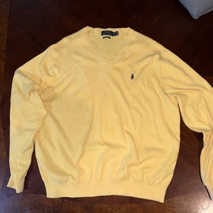 Polo Ralph Lauren Pima Cotton V Neck Sweater Mens 2XL XXL Yellow Navy Pony - Picture 1 of 4