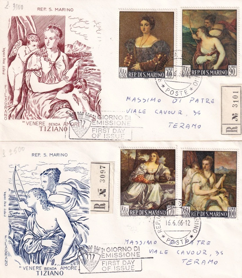 SAN MARINO 1966 - DIPINTI DI TIZIANO 02 BUSTE FDC FIRST/DAY PRIMO GIORNO FILAGRA - Immagine 1 di 1