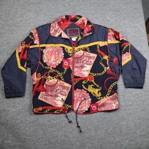 Vintage East West Jacket Womens 2X Navy Baroque Equestrian Chain Print Zip 90s - Picture 1 of 16