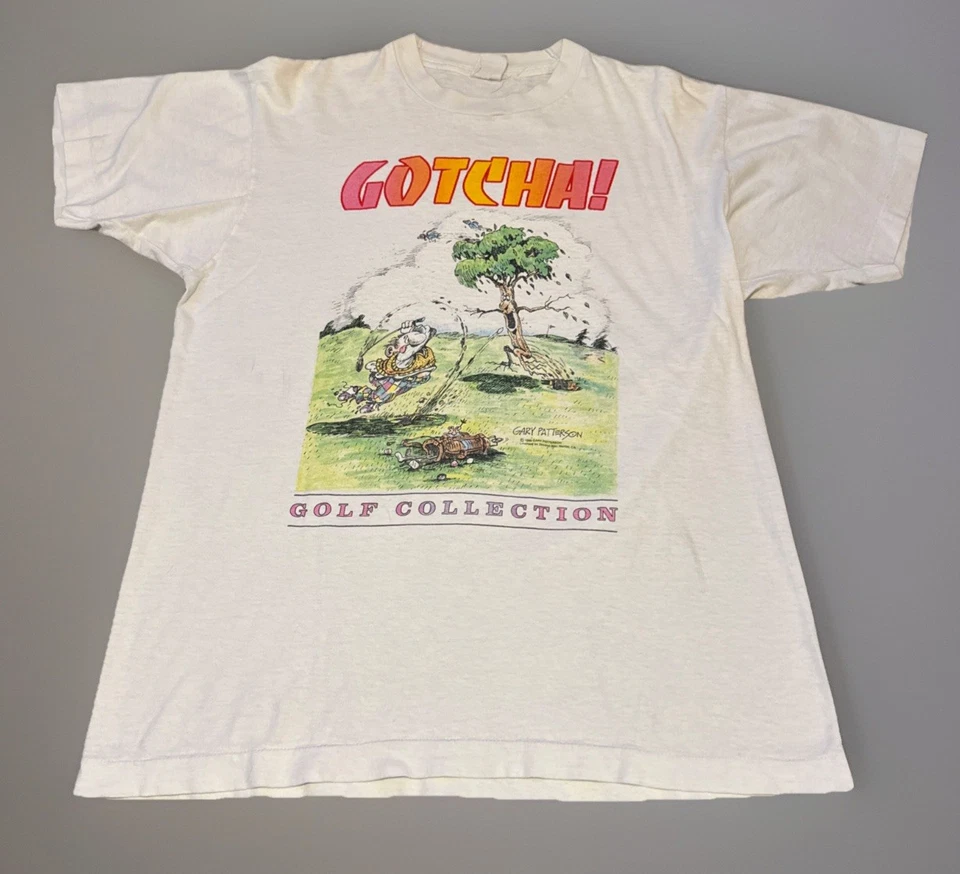 Vintage 80s Gotcha! Golf Collection Art Drawing Comic Funny Large White T-Shirt - Image 1 of 4